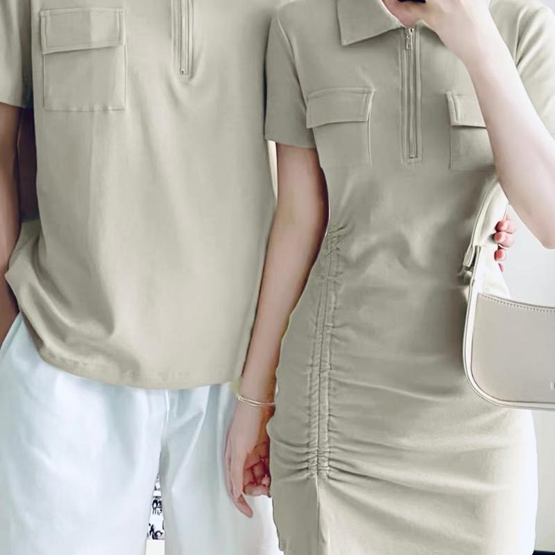 Nữ max 70kg, nam 90kg - Set đồ thun cặp ticci cotton đi dạo phố xám ghi cổ polo rút dễ thương