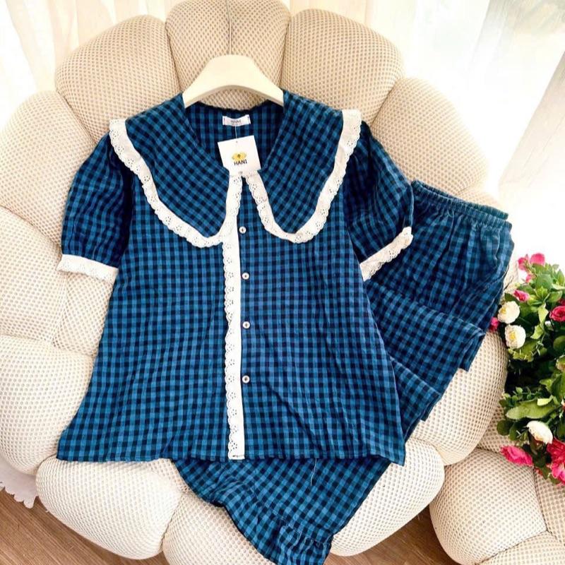 bộ ngủ nữ tiểu thư cổ ren vải đũi bông mây mùa hè mặc đi ngủ mát mẻ thoải mái Women Quần Ngủ Áo Ngủ Cotton