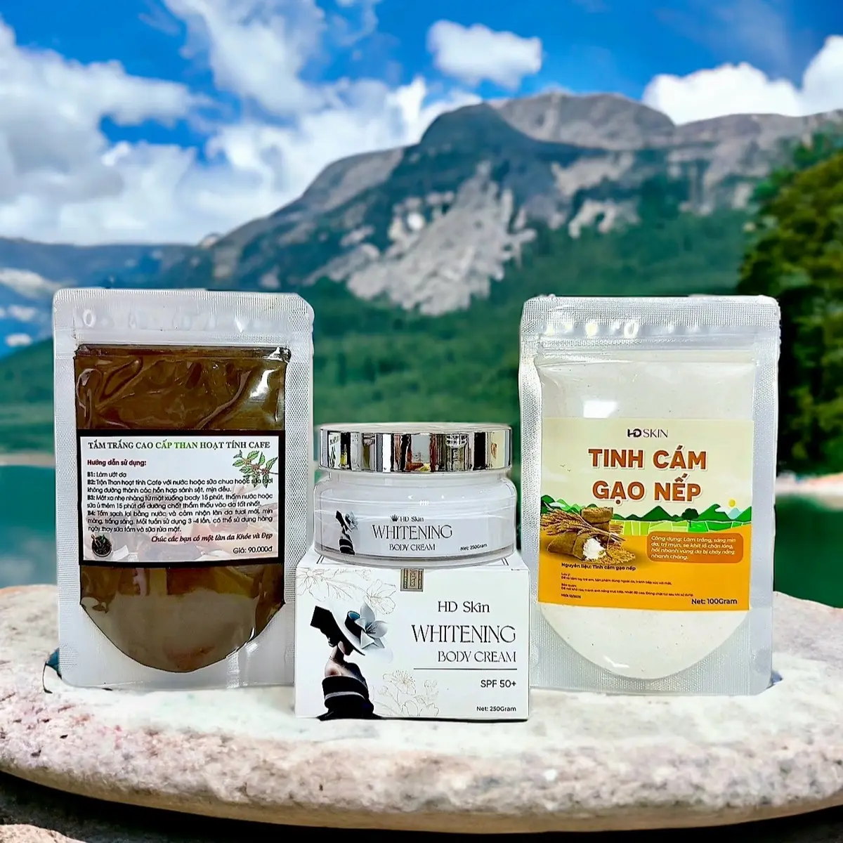 Combo Kem Body HD Skin 200Gram & bột tắm trắng than hoạt tính cafe 100g (dùng thử ) kèm tinh cám gạo nếp tẩy tbc
