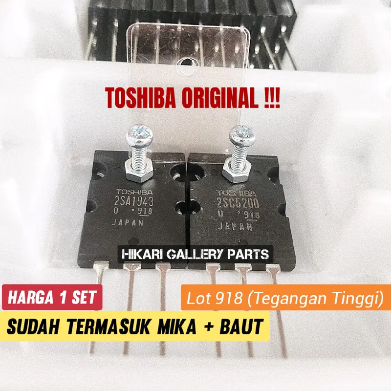 1 Set Termasuk Baut mur + Mika Transistor ORIII TOSHIBAA 2SA1943/2SC5200 seri 918 dapat Mika + Baut / ORIGINALL JP Transistor Final Orii Tosiba 2SA 1943 dan 2SC 5200 Seri 918 Aslii TOSHIBAA A1943 C5200 1 SET ORII Amplifier Ampli 2