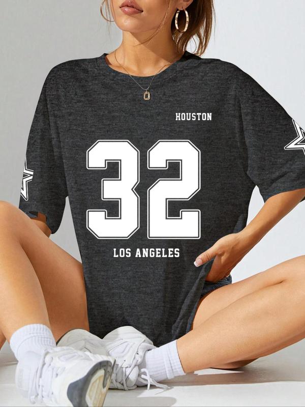Women's Letter & Figure Print Round Neck Graphic Baby Tees Y2k Tee, Casual Streetwear Star Print Half Sleeve Oversized T Shirt for Summer, T Shirts for Women, Graphic Tee, Summer Clothes, Clothing 5