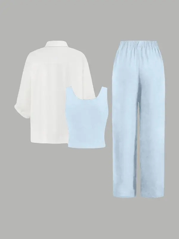 Women's Solid Button Front Shirt & Tank Top & Drawstring Waist Pants Set, Casual 3 Piece Outfits for Year-round Daily Wear, Ladies Clothes for All Seasons 4
