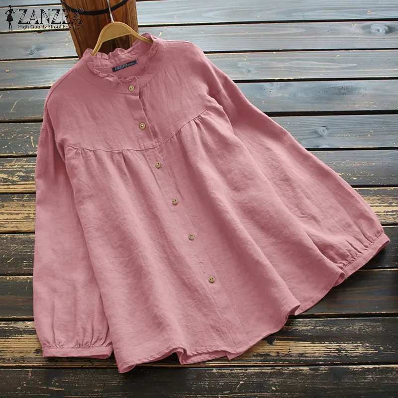 ZANZEA Womens Casual Cotton Linen Button Down Blouse Fashion Crew Neck Lantern Sleeves Shirts *