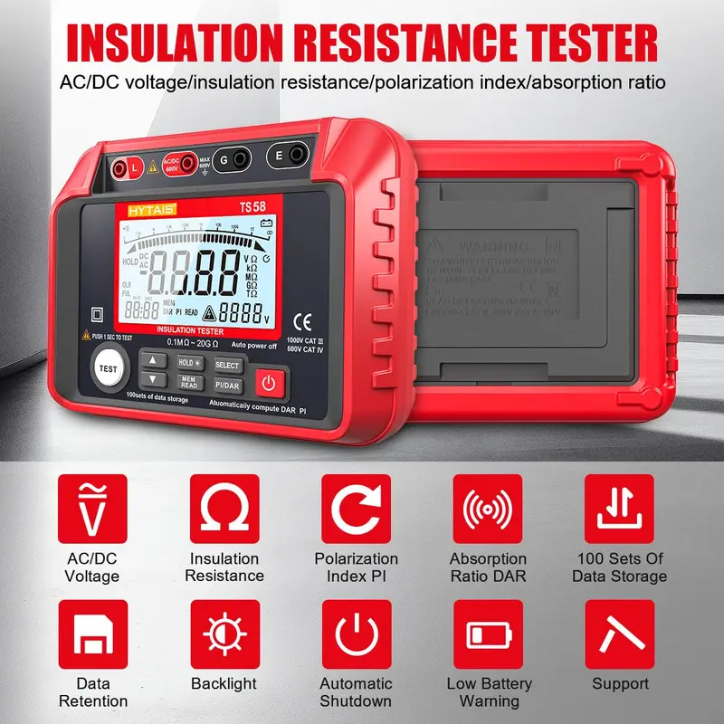 Digital Insulation Resistance Tester, Battery Powered Portable Ohmmeters with LCD Backlit Display, Multifunctional Electrical Measuring Instruments 4