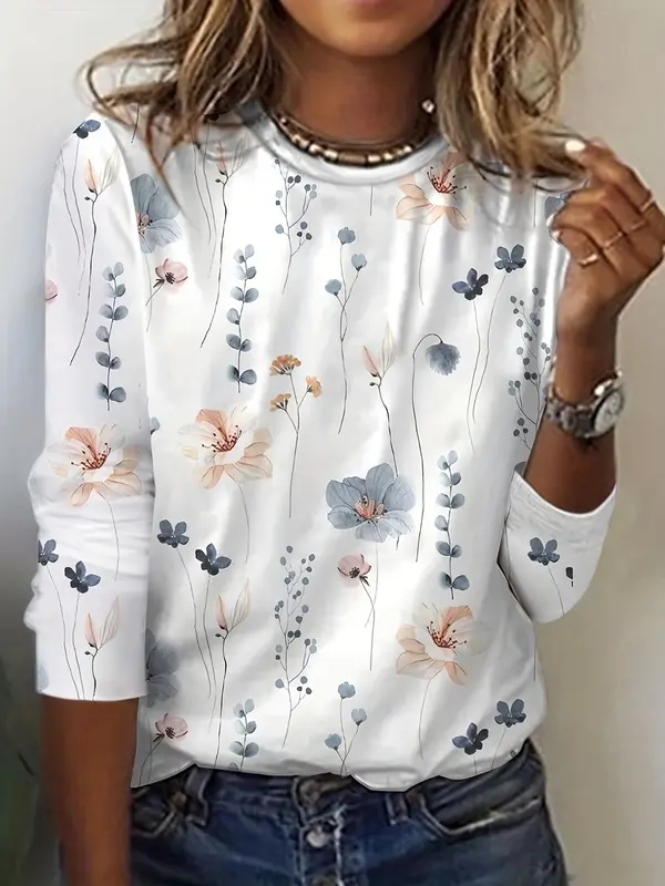 Women's Floral Print Long Sleeve Tee, Vintage Graphic Tee, 2024 Trendy Ladies Clothes, Casual Elegant Round Neck T-Shirt For Spring & Fall, Women's Top For Daily Vacation Wear 0