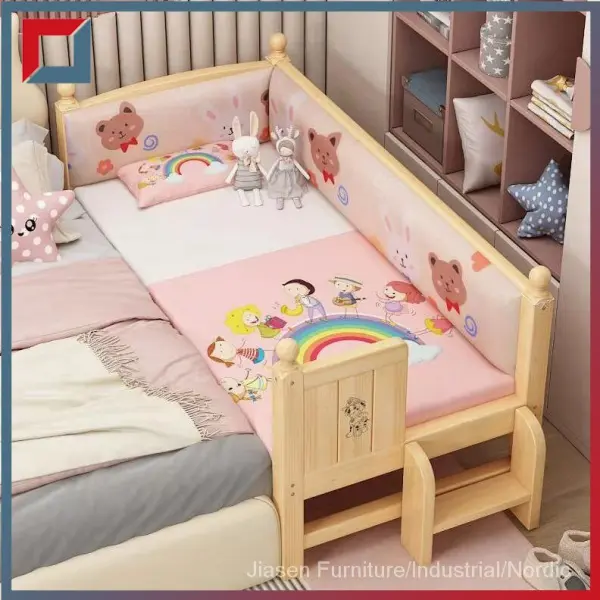 Solid Wood Children's Bed with Fence Boys and Girls Baby Single Bed Babies' Bed Widened Yanbian Small Bed Stitching Bed RpSm