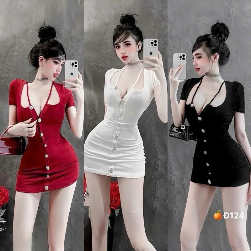 Đầm body ngắn phối nút cực sexy khoe chân dài Mã DF5