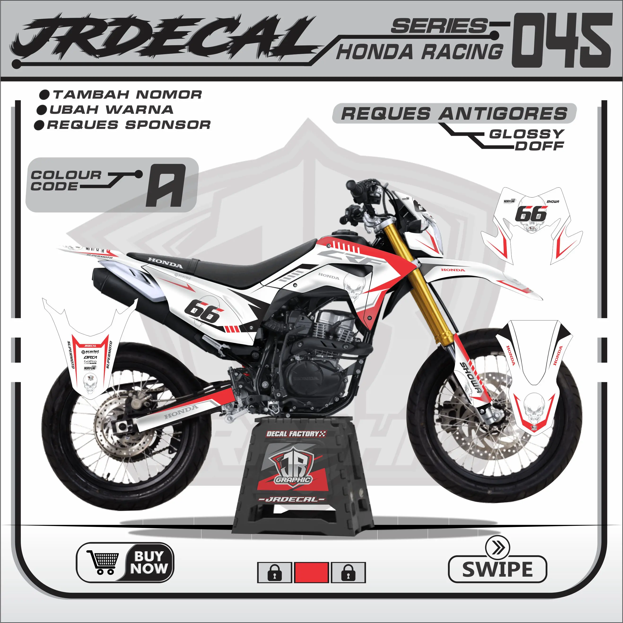 DECAL HONDA CRF 150L PUTIH SUPERMOTO FULL BODY KEREN MINIMALIS SIMPLE MURAH TERBARU VIRAL- CRF GANK PUTIH 045 Motor