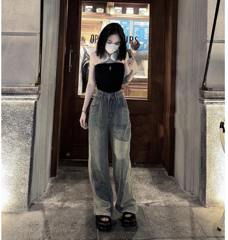 Quần bò suông túi gối siêu ngầu- Quần bò suông cạp cao hottrend 2023 Nữ Women Pants Jean Denim