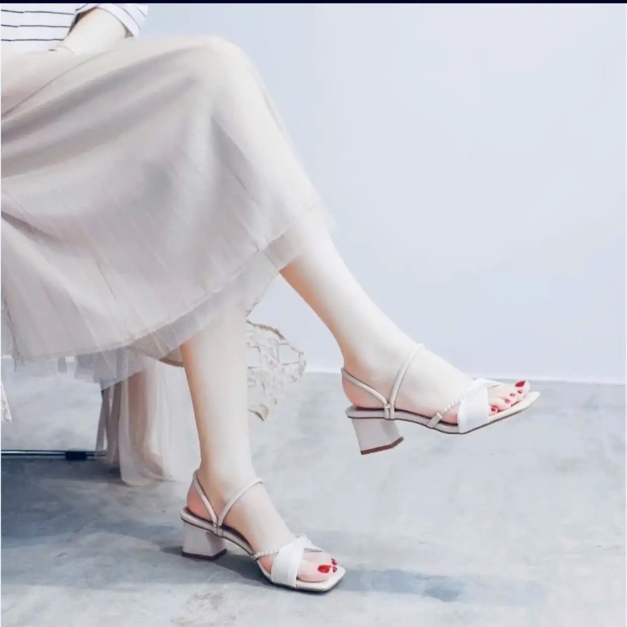 ( Tăng 1 size ) Giày Gót quai hậu dây ngọc chéo cao 5 phân thời trang (029)