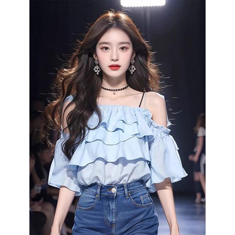 Áo Sơ Mi Nữ, Xếp Nhún Trễ Vai, Bộ Sưu Tập Mùa Hè Mới 2024, Màu Xanh Dương Phong Cách Hàn Quốc, Làm Bằng Voan, Hàng Mới Về