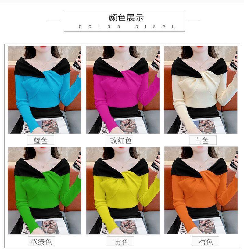 Product Introduction of Áo Lớp Nền Dệt Kim, Dành Cho Nữ, Thiết Kế Thắt Nơ Và Khối Màu, Hàng Mới Về Mùa Thu Và Mùa Đông, Áo Độc Đáo Áo Len Trễ Vai Màu Tương Phản Siêu Đẹp 3