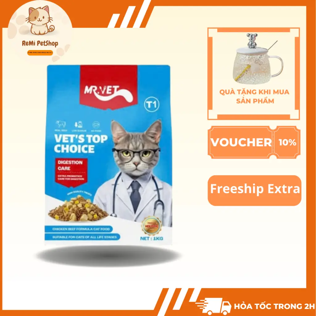 Hạt Cho Mèo mix thịt sấy Mr.Vet T1 chăm sóc tiêu hóa cho mèo mọi độ tuổi