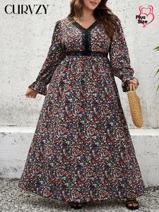 CURVZY Plus Size Ditsy Floral Print Contrast Lace V Neck Dress, Boho Fashion Casual Long Sleeve Dress for Daily Holiday Vacation Wear, Women Plus Clothing for All Seasons
