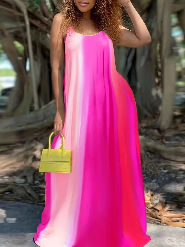 Plus Size Colorblock Backless Cami Dress, Casual Sleeveless Spaghetti Strap Long Dress for Summer, Women's Clothes for Beach Holiday 4