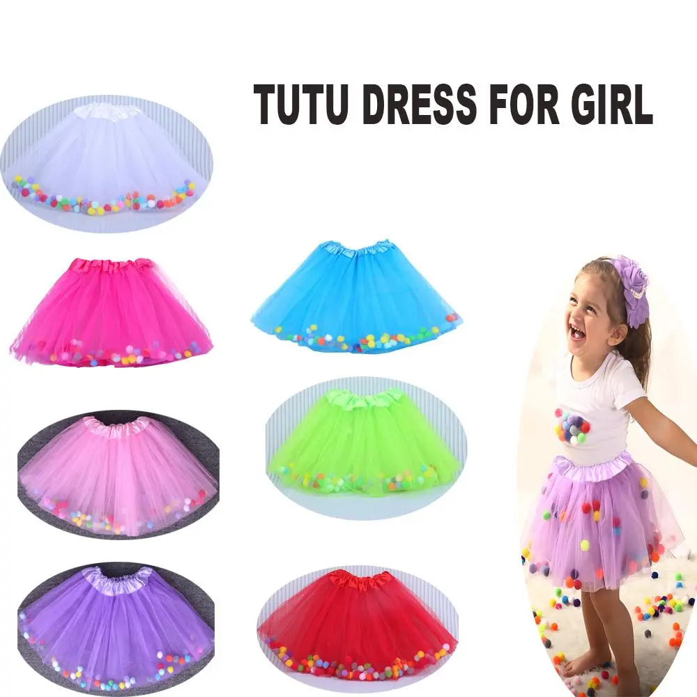Colorful Tutu Dress for Girl, 1 Count Cute Mesh Ballet Skirt with Pom Pom Puff Balls, Party Clothing for Girls
