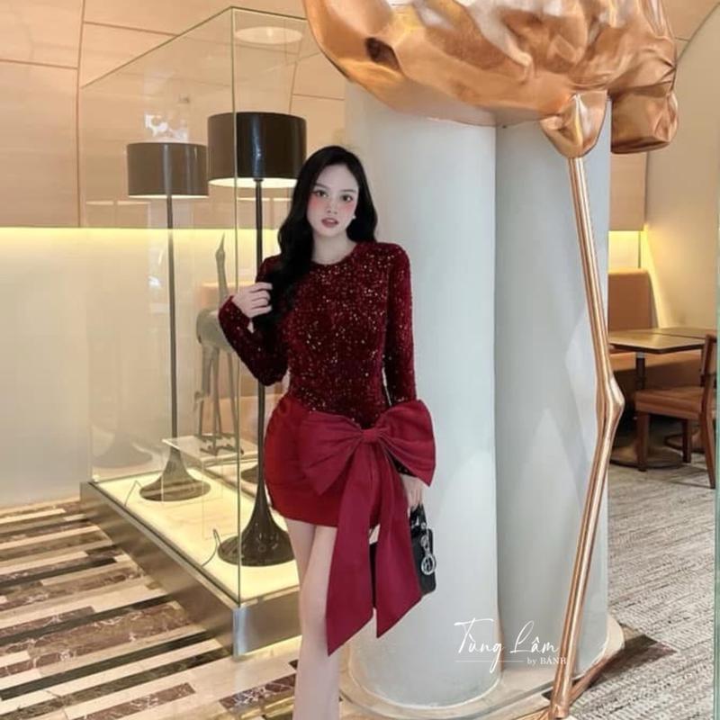 Váy thiết kế dự tiệc nữ - Váy kim sa tay dài bản nơ to cạnh sườn 2 màu (CL538) Women Dress Nhung 6
