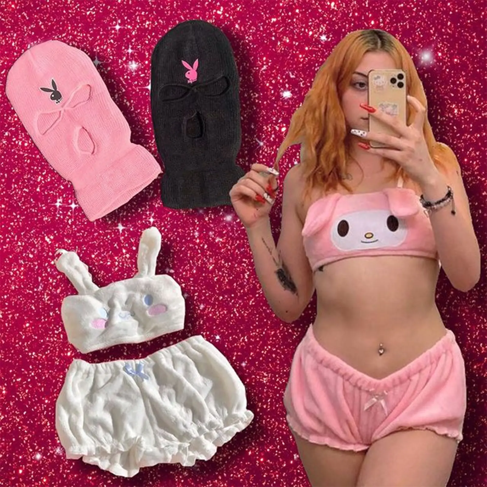 2 Pcs Women Kawaii Pajamas, Adults Cute Spaghetti Strap Dog/Bunny Crop Top + Shorts