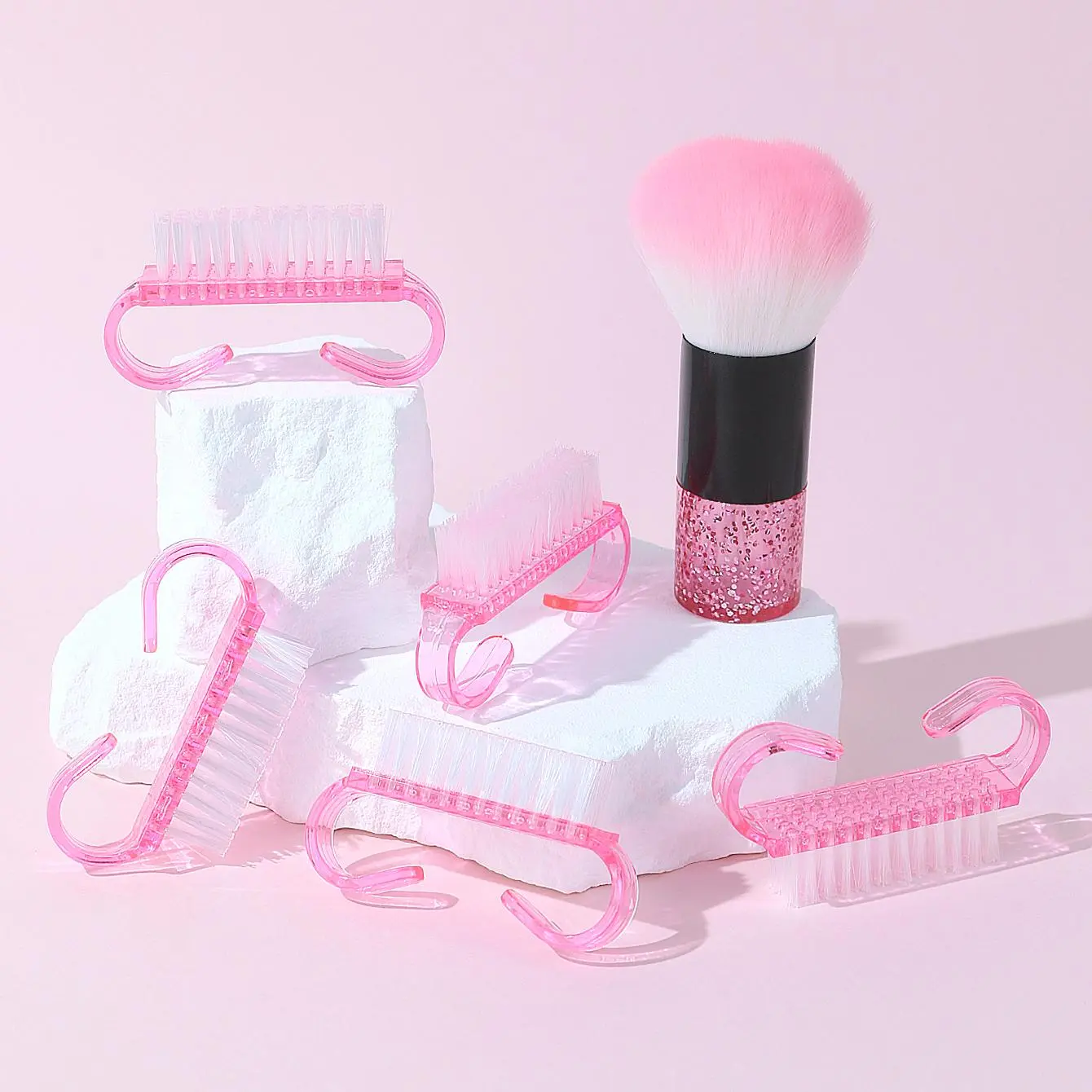 Nail Cleaning Brush Set, 6 Counts/set Plastic Handle Nail Brush Duster Brush (5 Mini Brushes & 1 Fluffy Brush), Dust Remover Makeup Brush Nail Brush Cleaning Tool
