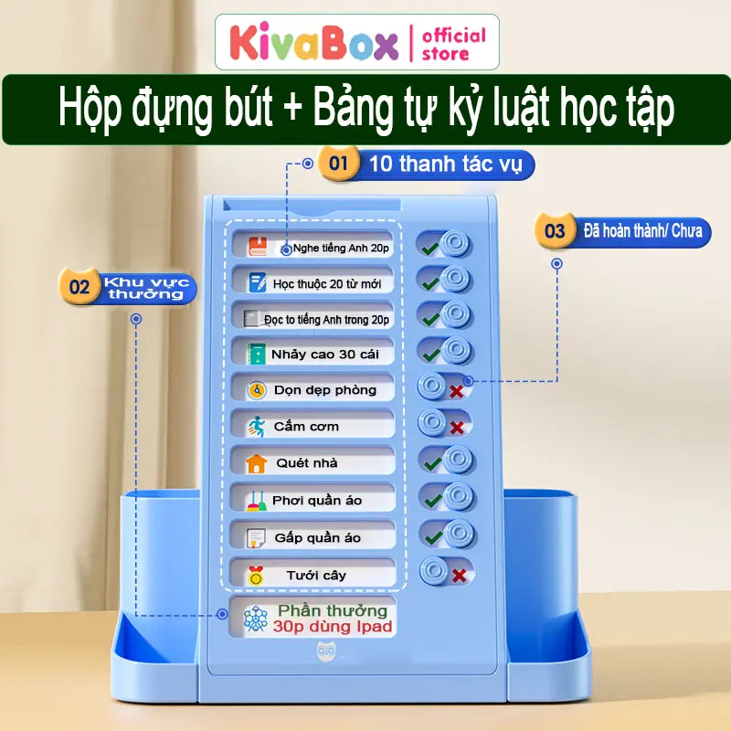 Kivabox Đồ dùng văn phòng phẩm hộp đựng bút để bàn nhiều ngăn màu sắc đa dạng 2 trong 1 gồm bảng tự kỉ luật, lên danh sách công việc cần làm dành cho các bạn học sinh Nhựa 7