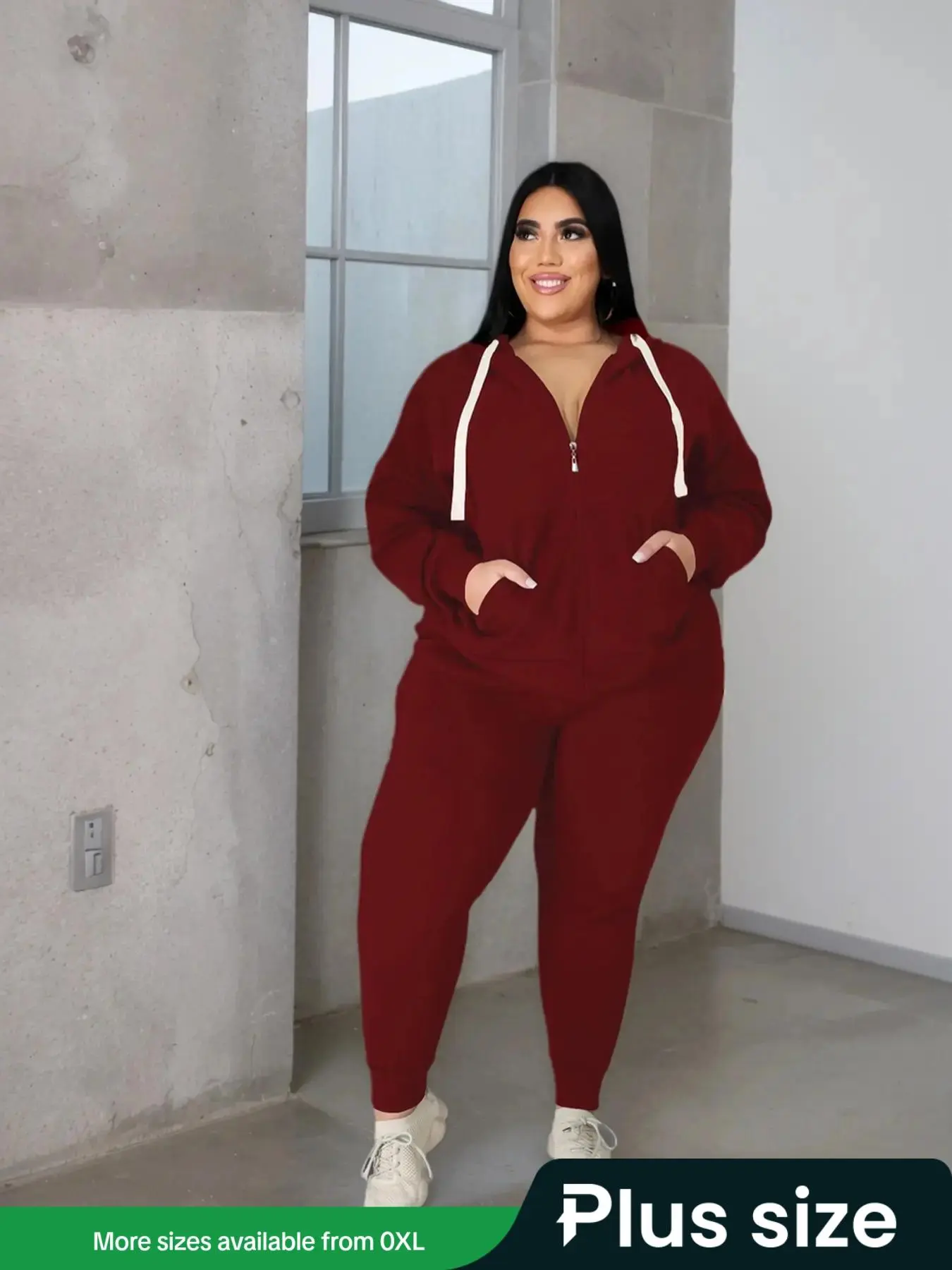 【Plus Size】 Two-Piece Set Solid Zip Up Hooded Sweatshirt & Drawstring Waist Pants, Casual Long Sleeve Hooded Sweatshirt & Pocket Trousers for Daily Wear, Women's Two-piece Outfits for Fall & Winter