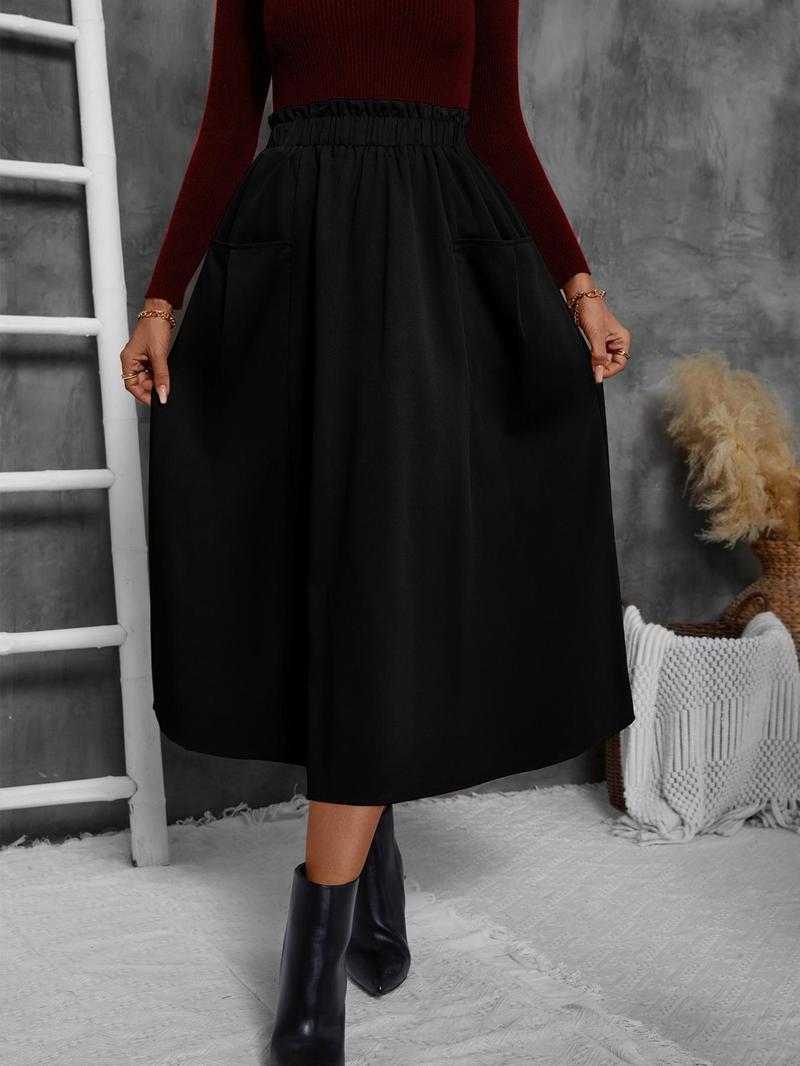 Product Introduction of 【2025】Women's Solid Frill Trim Elastic Waist Skirt, Casual Fashion Pocket A Line Midi Skirt for Daily Outdoor Wear, Women's Bottoms for Spring & Fall 4