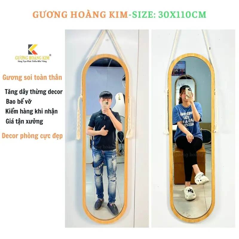 Gương khung gỗ, gương soi toàn thân treo tường, decor phòng cực đẹp, tặng dây thừng và đinh treo không cần khoan tường.GKR02 1