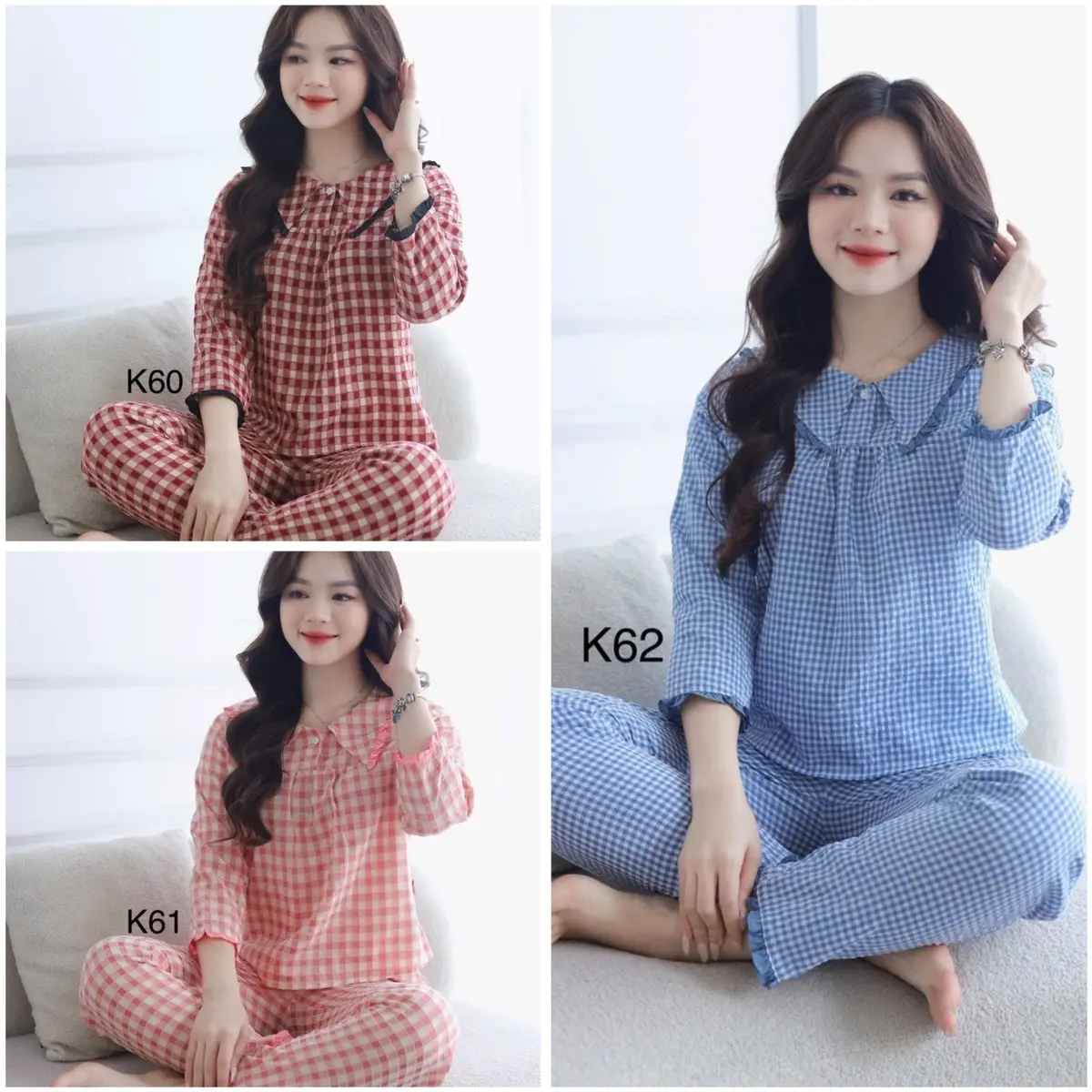 Bộ đồ mặc nhà tay dài chất thô lông mềm mại thấm hút mồ hôi,áo cổ nhọn to.quần 9tất tôn dáng gọn gàng Kẻ sọc Nữ Women Voi Top đồ  ngủ