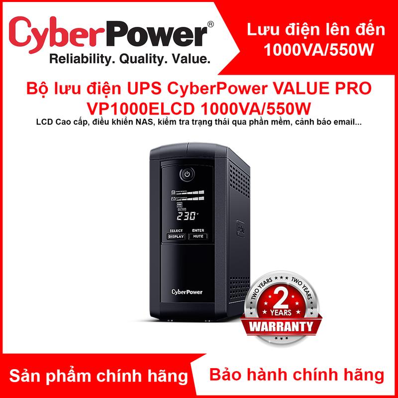 Bộ lưu điện UPS CyberPower VALUE Pro VP1000ELCD - 1000VA/550W - Tích hợp điều…
