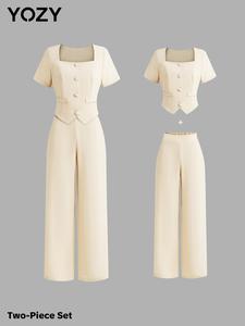 YOZY Women's Solid Button Front Top & Wide Leg Pants Two-piece Set, Elegant Fashion Casual Square Neck Top & Trousers for Daily Outdoor Wear, Ladies Clothes for All Seasons, Tummy Flattering