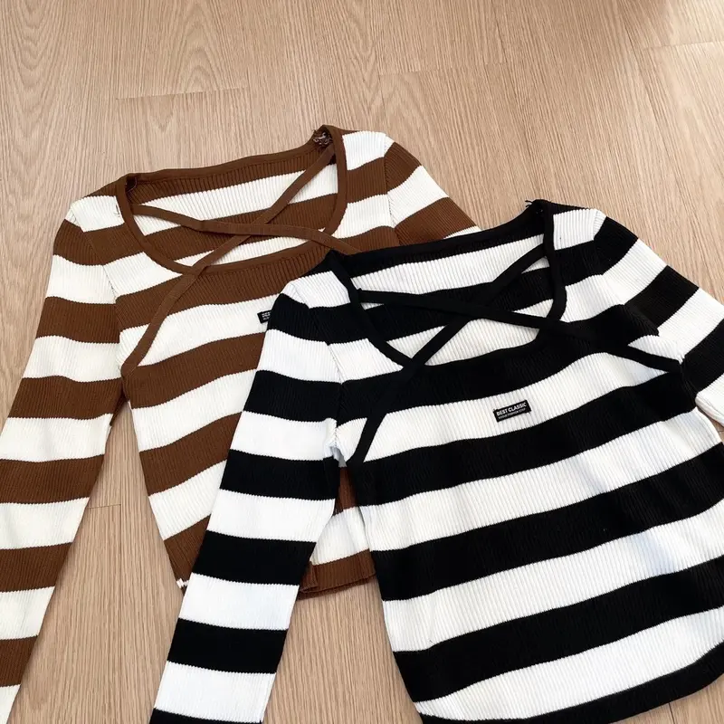 MODAMYTH BT001 - Atasan Knit Lengan Panjang Wanita Korean Style Top Rajut Stripes Knitwear 5