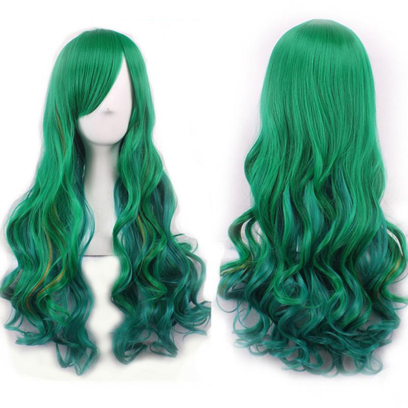 Sợi Tóc Tự Nhiên, Tóc Giả Xoăn Dài Màu Xanh Lá Gradient Dành Cho Nữ, Bồng Bềnh, Thích Hợp Cho Bữa Tiệc Hóa Trang 0