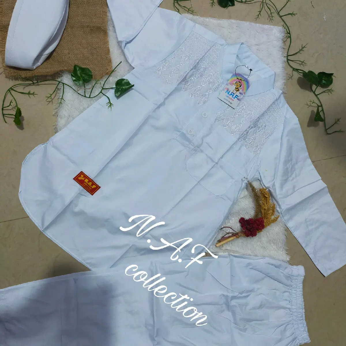Koko anak putih Pakistan  by N.A.F Baju Celana Muslim Setelan Panjang Katun Kurta Nyaman Turki Peci
