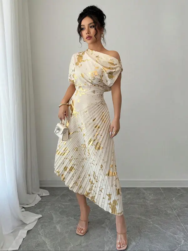 Women's All Over Print Asymmetrical Neck Dress, Elegant Fashion Casual Dress for Daily Outdoor Wear, Women Dress for Summer 1
