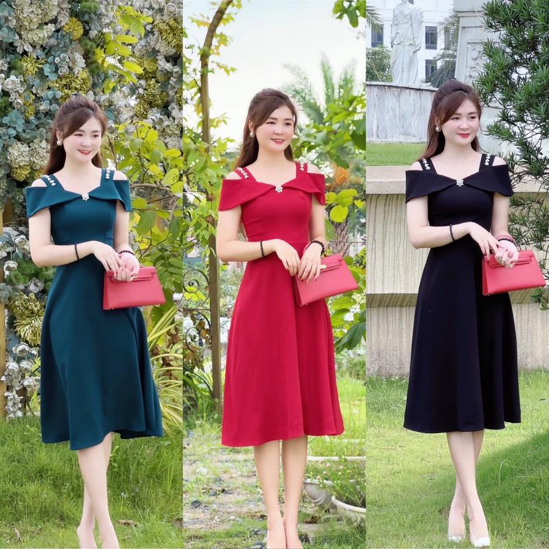 V100 - Váy dự tiệc trễ vai, 3 màu thiết kế eo cao mặc che bụng, chất liệu mango nhập khẩu, mát mịn, dài 105cm - Thời trang Đầm Nữ Nhà Min, váy dự tiệc thiết kế