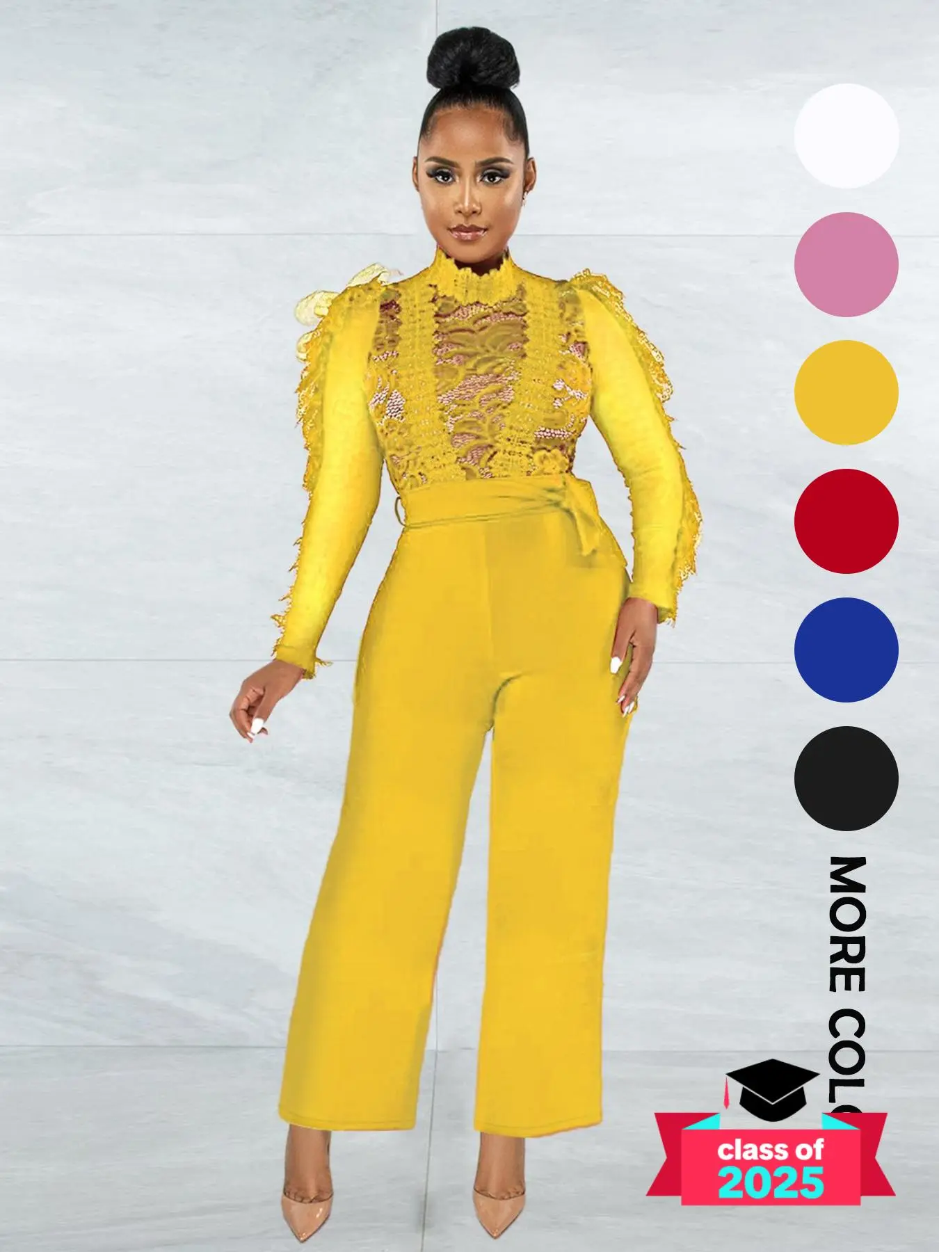 Women's Contrast Lace Straight Leg Jumpsuit, Elegant Long Sleeve Stand Collar Belted Jumpsuit, Ladies Summer Clothes for Party Holiday Vacation