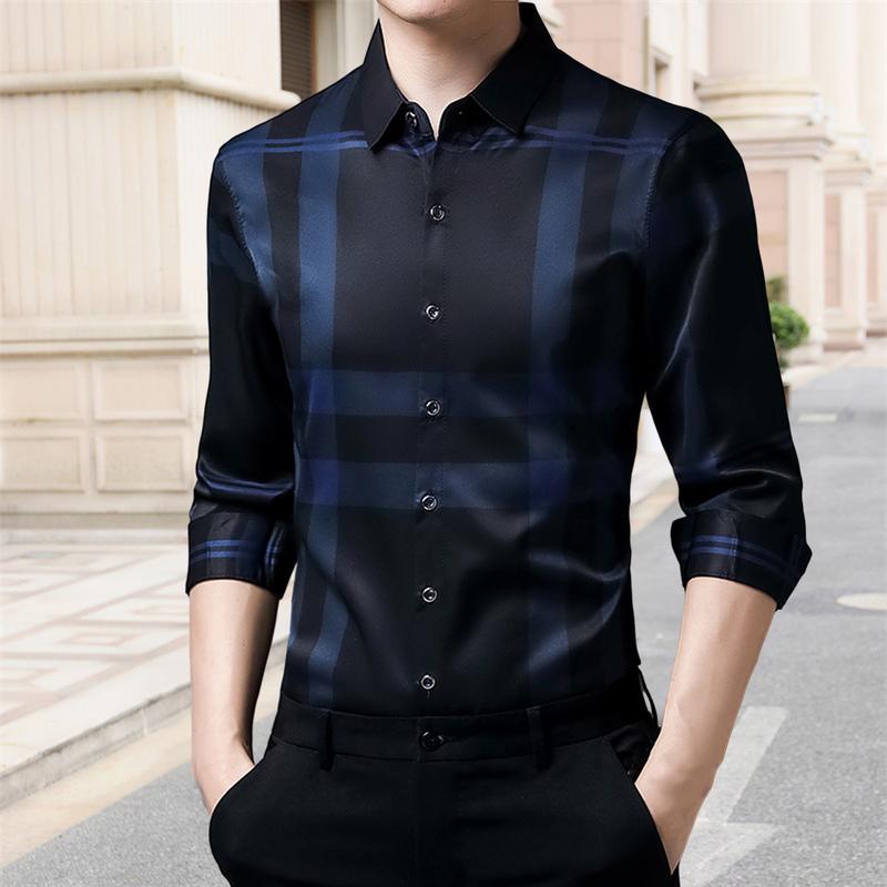 Yipoiu-Áo Công Sở Kẻ Sọc Cho Nam, Thoải Mái, Sành Điệu, Đi Làm, Phong Cách Mỏng, Trang Phục Ngoài, Áo Sơ Mi Nam Mùa Xuân Thu 3