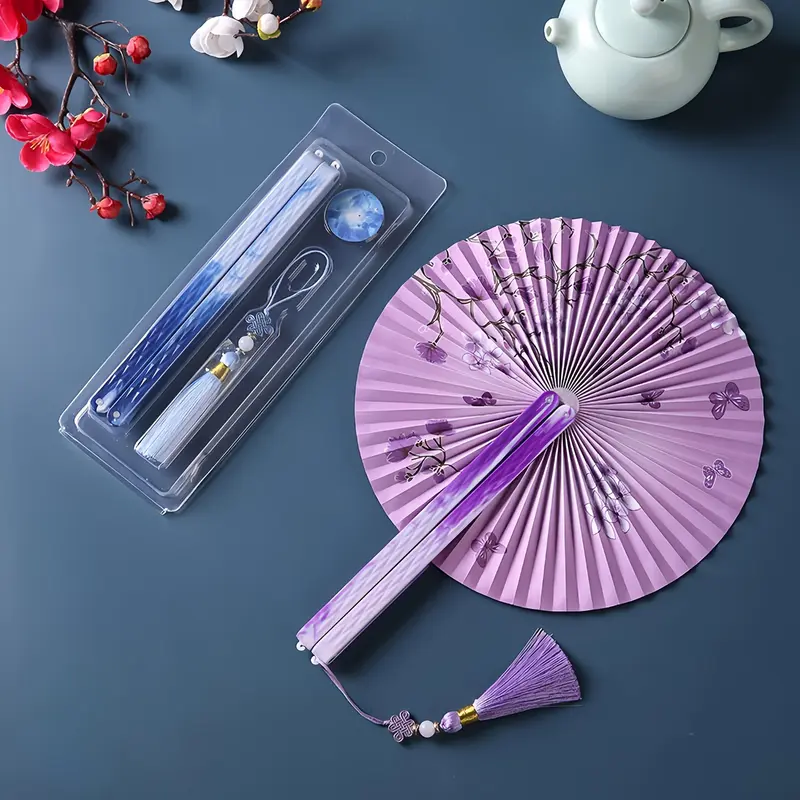 Chinese Folding Paper Fan, 1 Count Ancient Tassel Fan, Hanfu Qipao Classical Group Fan, Female Fan for Home Decor 4