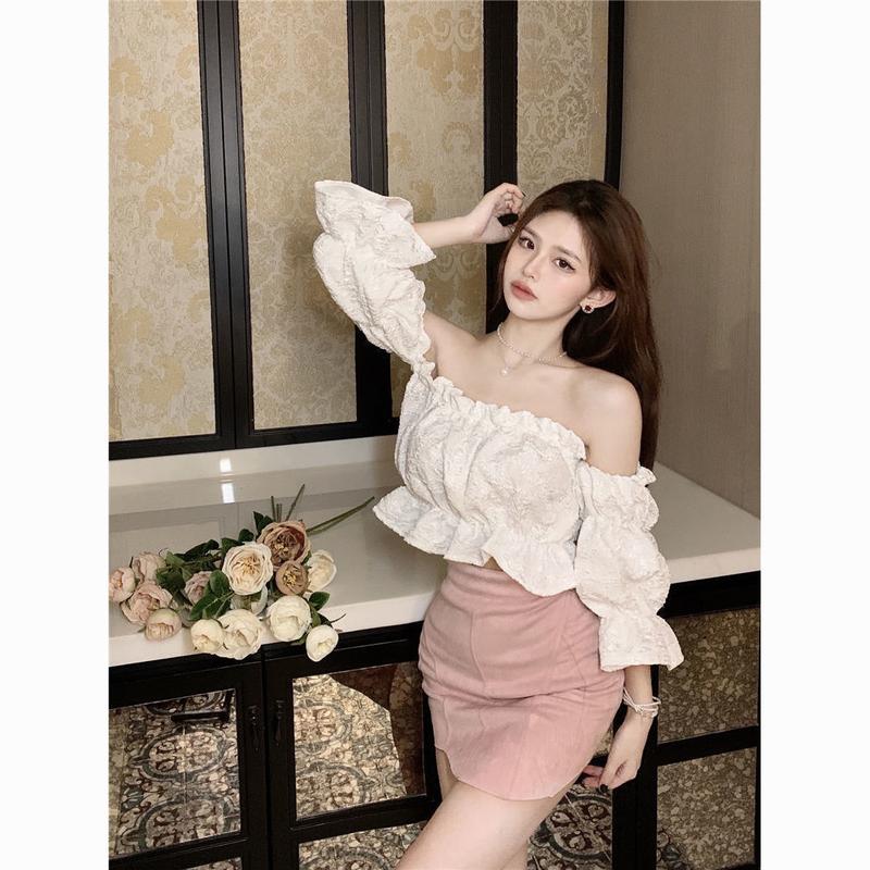 Áo Sơ Mi Trễ Vai Hình Lá, Ootd, Dành Cho Nữ, Tay Loe Rốn Ngắn, Áo Sơ Mi Dài Tay, Phong Cách Thanh Lịch Và Sang Trọng Kiểu Pháp, Thích Hợp Cho Mùa Hè 2