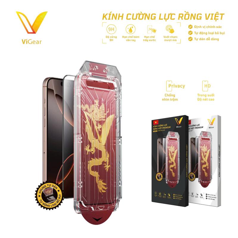 [ViGear] Kính Cường Lực Viền Mỏng Rồng Việt ViGear Phiên Bản Cao Cấp Premium dành cho điện thoại iPhone -  Khung trợ dán, Loại Bỏ Bụi, Độ Cứng 9H, Hạn Chế Trầy Xước, Hạn Chế Vân Tay