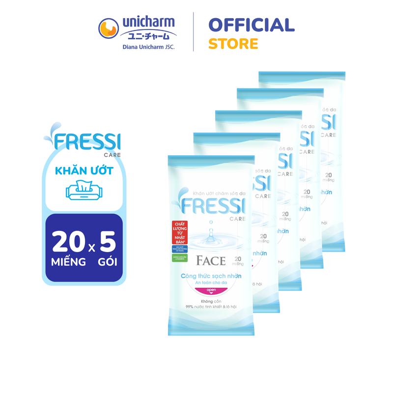 Combo 5 Khăn Ướt Lau Mặt Fressi Care Face 20 Miếng/Gói Không Cồn