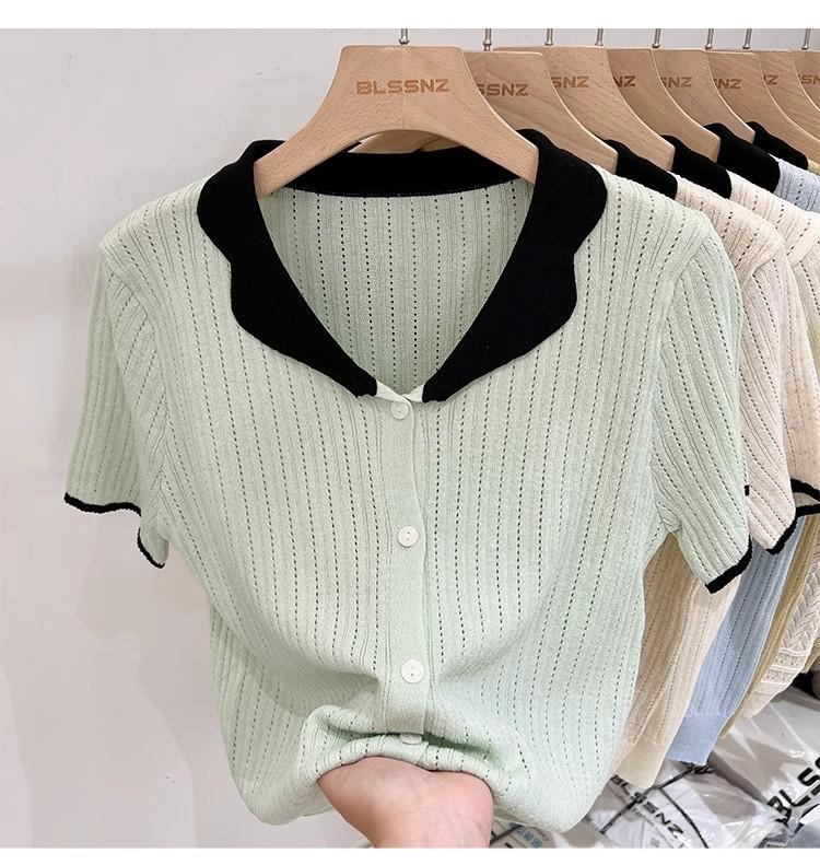 Product Introduction of Áo Cardigan Dệt Kim, ngắn Tay, Chất Liệu Lụa Ngầu Dành Cho Nữ, Mỏng Và Mùa Hè, Màu Sắc Tương Phản, Thiết Kế Độc Đáo Với Thiết Kế Áo Polo Rỗng Áo Cánh Nữ Hàng Đầu 19