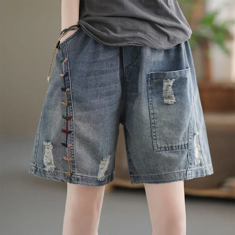 Women's Denim Shorts High Waist A- line  plus Size Loose Wide-Leg Half Pants