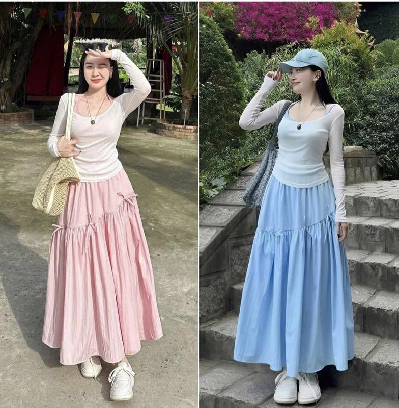 Sét áo thun giấy nữ kèm áo trong hai dây và chân váy đũi dáng xòe dài đính nơ,thích hợp mặc đi chơi đi biển