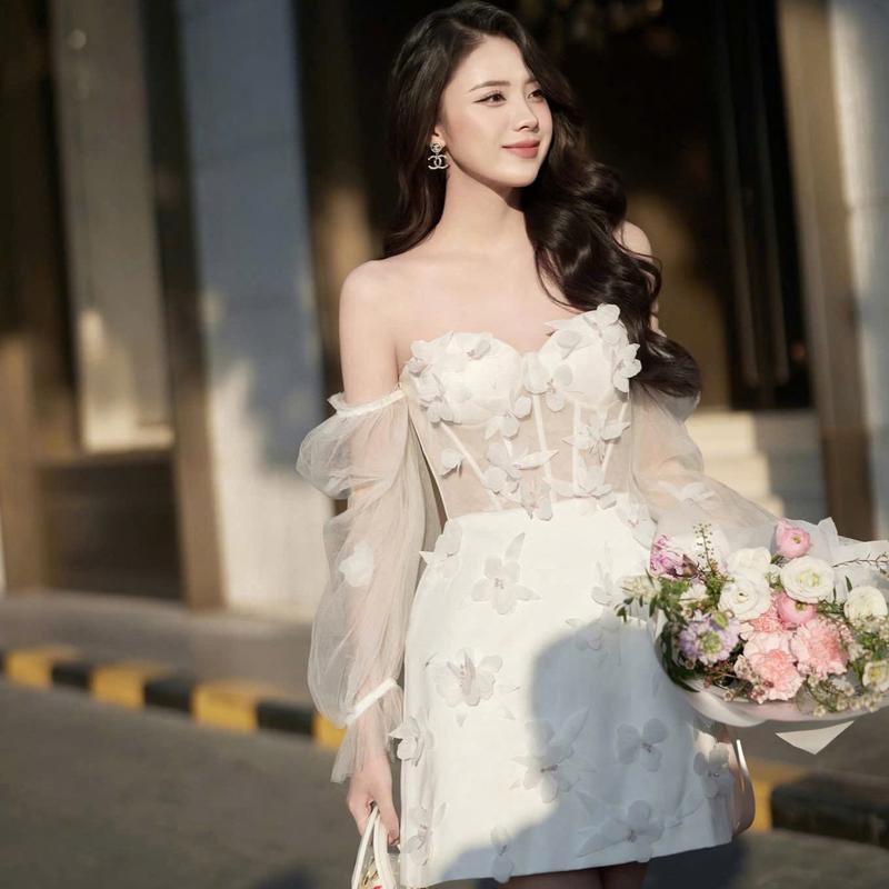Váy Thiết Kế - Váy Tafta Chân Váy Dáng A Đính Hoa Cườm Phối Tay Ấo Lưới Đầm Nữ 4