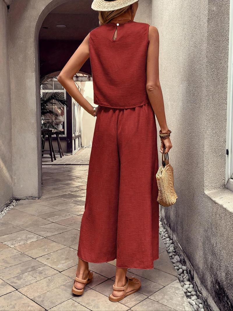 Product Introduction of Women's Solid Tank Top & Wide Leg Pants Two-piece Set, Casual Sleeveless Top & Pants for Daily Wear, Travel, Ladies Two-piece Outfits for Summer 6