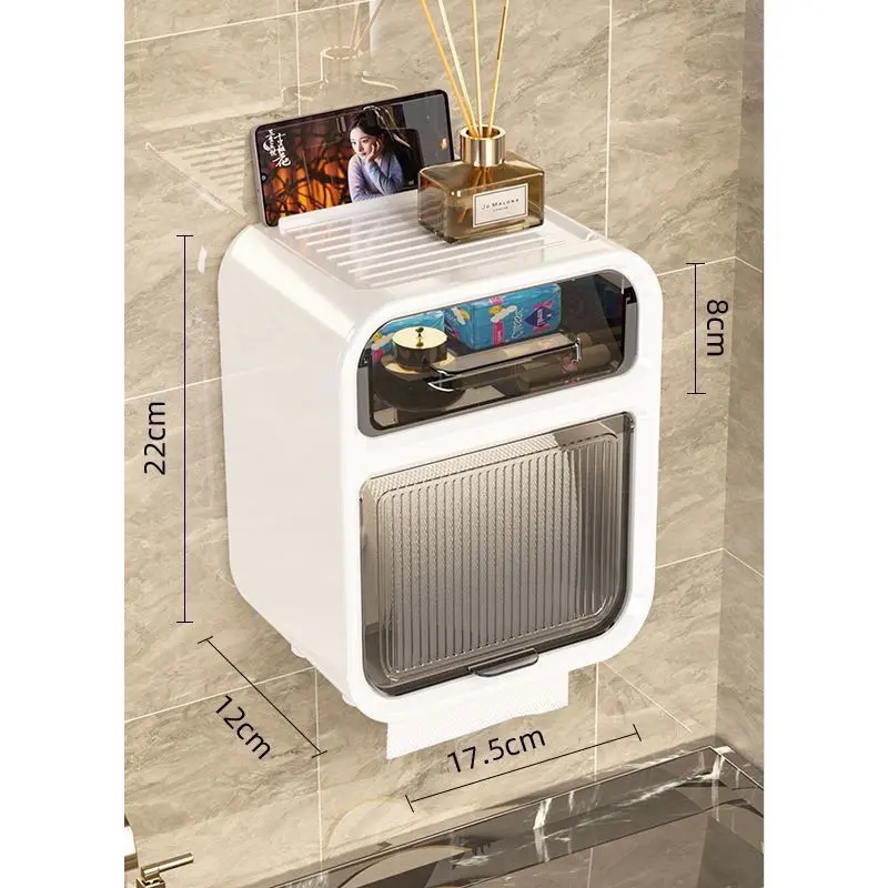 Hộp Đựng Giấy Vệ Sinh 2 Tầng Có Ngăn Kéo Gắn Tường. Kệ Đựng Đồ Nhà Tắm Toilet Đa Năng Ngăn Nước Kèm Miếng Dán Dính Tường 8