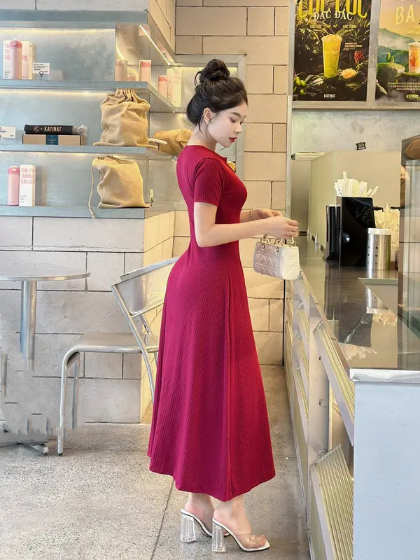 D-13 Đầm gân Đũa Dáng Xoè Dài, Tay ngắn Có Nút  Sang Chảnh Nữ 3