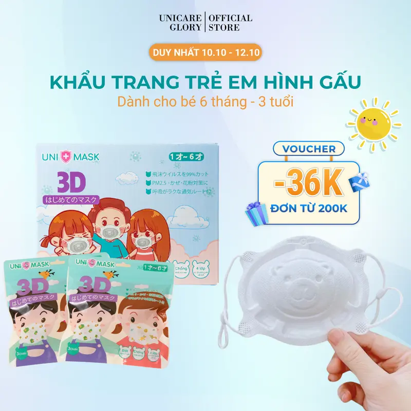 UNICARE Khẩu Trang Gấu 3D Kháng Khuẩn Cho Bé, Khẩu Trang chống Bụi Mịn Và Kháng Khuẩn Cho Bé 6 tháng -3 Tuổi, Quai Đeo Điều Chỉnh 0
