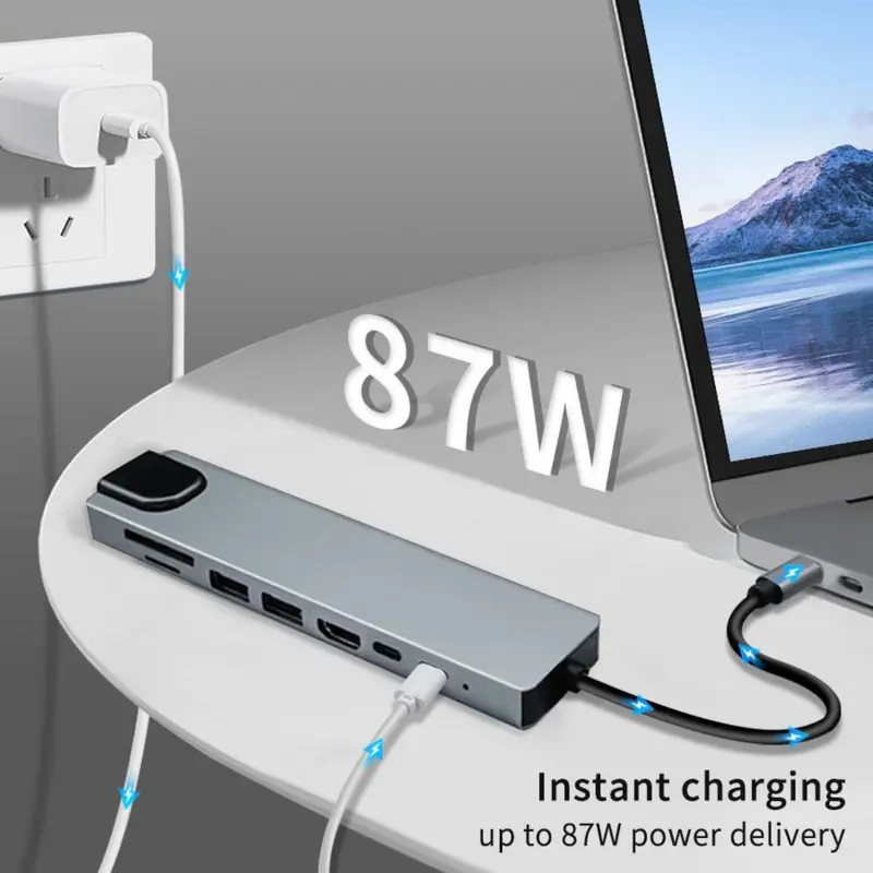Hub USB C, Bộ Chuyển Đổi 8 Trong 1 Type C 3.1 Sang 4K HDMI, với đầu đọc thẻ RJ45, SD / TF, Sạc Nhanh PD, Tương thích với MacBook, Máy tính xách tay, Máy tính xách tay 2